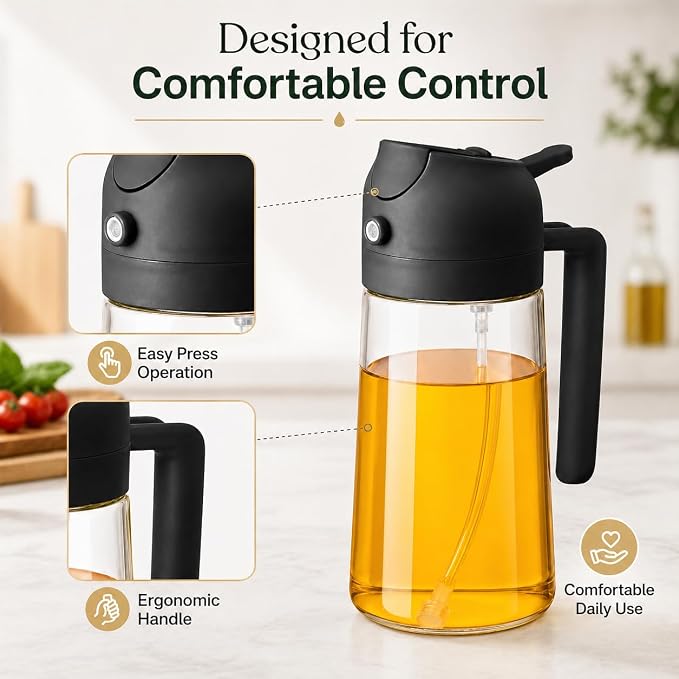 Oil Sprayer for Cooking, 2 in 1 Glass Olive Oil Dispenser and Spray Bottle, Fine Mist Olive Oil Mister with Pour Spout, One-Hand Kitchen Oil Dispenser for Salad, Veggies, Grilling