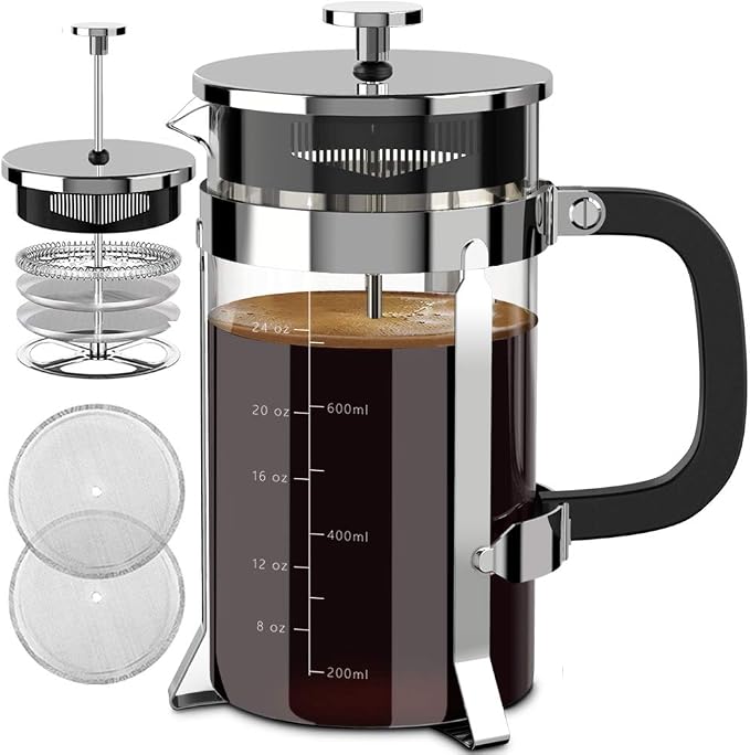QUQIYSO French Press 34oz, Stainless Steel and Thickened Glass Coffee Maker | 4 Filter Heat-Resistant Borosilicate Glass Coffee Press, Easy to Clean, Suitable for Kitchen Party Camping Gifts(Silver)