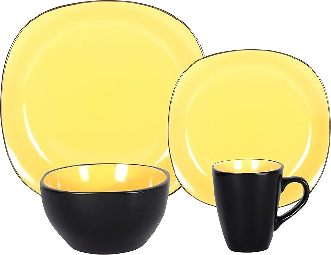 Stoneware Square 16pc Dinnerware Set, Inside Shiny Yellow + Outside Matte Black