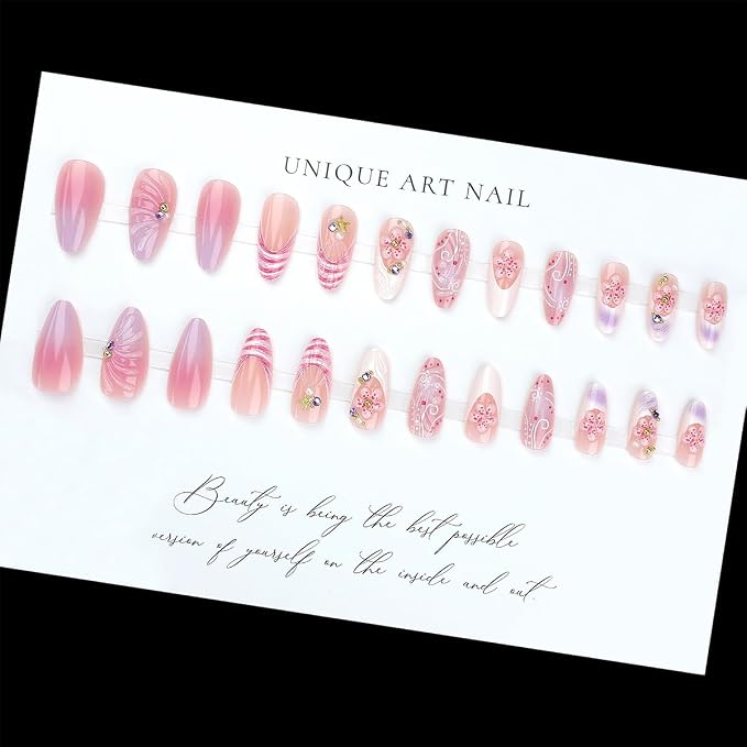 Summer French Tip Press on Nails Long Almond Pink Gradient Fake Nails 3D Floral Nails with Starfish Rhinestone Designs Vacation Beach False Nails Full Cover Artificial Nails for Women Manicure 24Pcs