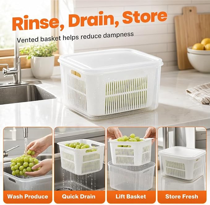 Kruggo Fruit Storage Container For Fruit Kitchen Storage (A, X-Large) | Removable Colander Produce Storage Containers for Fridge Organizer