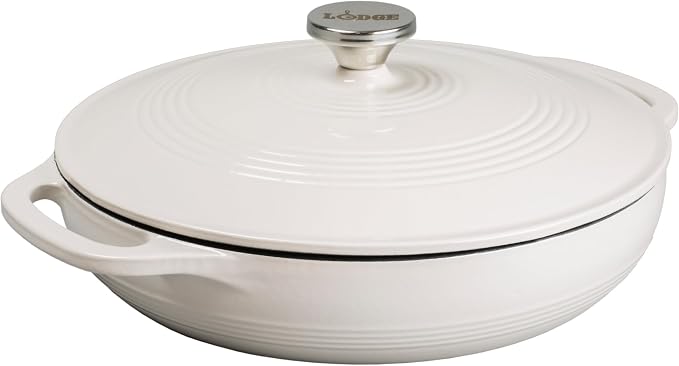 Lodge Essential Enamel Braiser - Refrigerator- & Oven-Safe up to 500° F - Heat-Retaining, Induction-Safe & PFAS-Free Enamel Cookware - 3.6 Quart, Oyster White