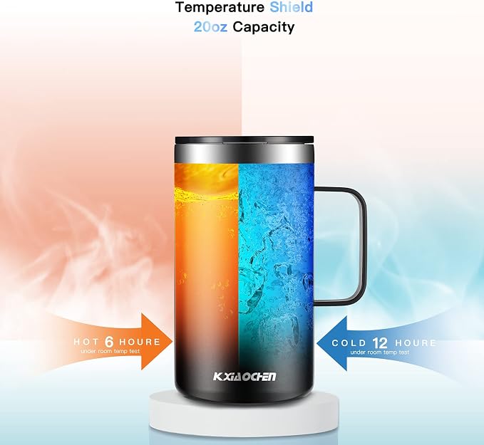 KXIAOCHEN 2-Pack 20 oz Insulated Coffee Mugs, Coffee Cups with Wide Handles | 18/8 stainless steel, sliding lids, 6+ hours hot or 12+ hours cold, wide mouth, no-sweat, for office, home, camping and gifts