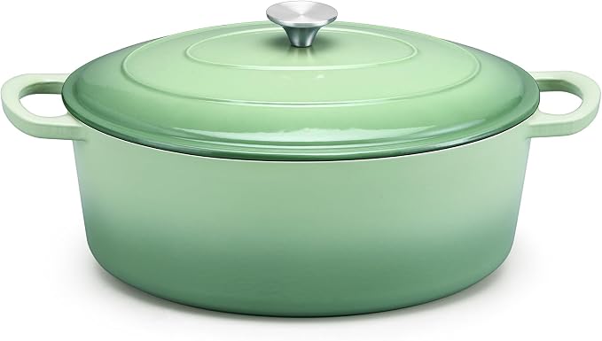 E-far 5QT Oval Dutch Oven Pot with Lid, Enameled Cast Iron Dutch Oven with Dual Handles, Heavy-Duty Cookware for Sourdough Bread Baking, Braising, Stews, Oven Safe & Easy Clean, Green