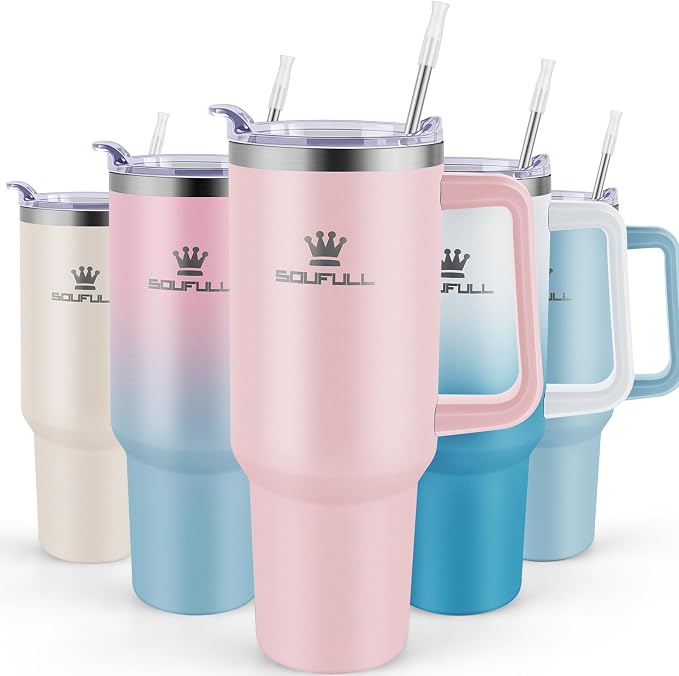 Soufull 40 oz Tumbler with Handle and Straw Lid, 100% Leak-proof, Pink | Stainless Steel Insulated Travel Coffee Cup, Keeps Cold 34Hrs or Hot 10Hrs, Dishwasher Safe