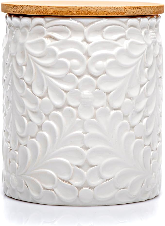 XXL 94 Oz Engraved Ceramic Kitchen Canister - Storage Jars with Airtight Lids Made from Bamboo with Nature-Inspired Engraving - Use as a Pasta Holder, Coffee Ground Holder, Rice Container, Candy Jar