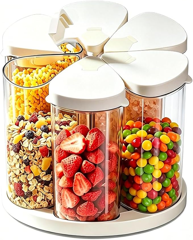 Rotating Food Storage Containers Set of 6, 23oz (690ml) Clear PET Jars with Dual Pour Lids, 360° Lazy Susan Pantry Organizer for Snacks, Cereal, Nuts, Oats & Dry Foods, Kitchen Grain Dispenser
