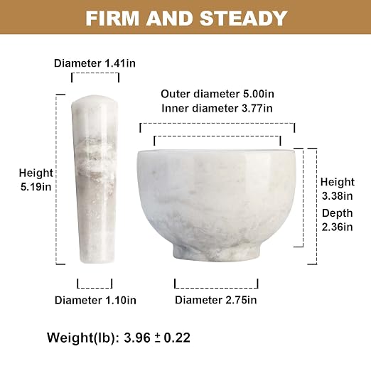 Marble Mortar and Pestle Set, 5"-1.5 Cups Grinder Bowl for Guacamole, Salsa, Pill Crusher, Spice, Herb, Garlic, Nut, Heavy Duty Grinder for Kitchen(Grigio Fantasy)
