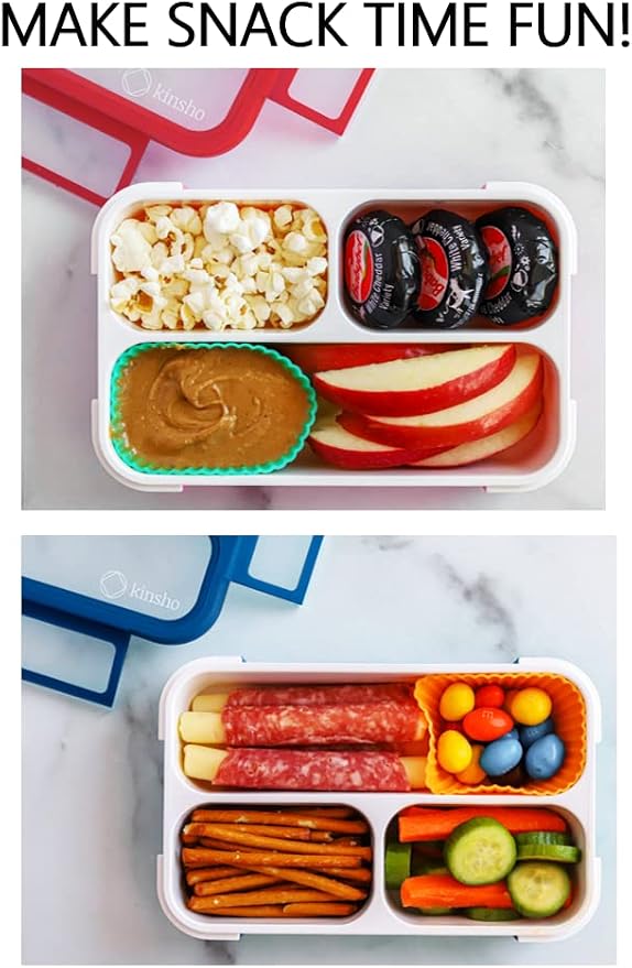 kinsho Small Snack Containers for Kids Toddlers, Set of 2 (Red + Navy Blue) | 3 Compartments, Leak-Proof, Spill Proof, BPA-Free Reusable Small Mini Bento Lunch Box for Daycare School Travel, Holds 2 Cups