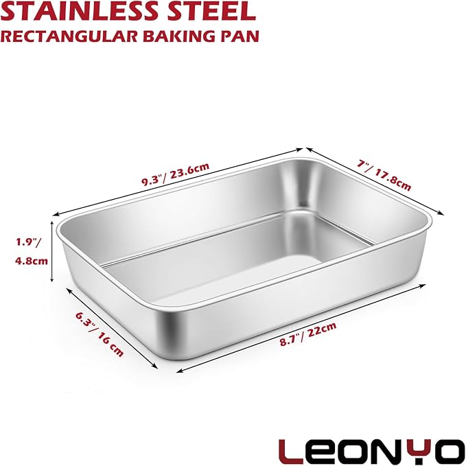 Leonyo 4 Pcs Bakeware Cake Pan for Baking, 9.3x7 Inch Lasagna Pan, 2" Deep | For Commercial Kitchen, Focaccia Bread, Casserole Dish, Oven Safe & Stainless Steel
