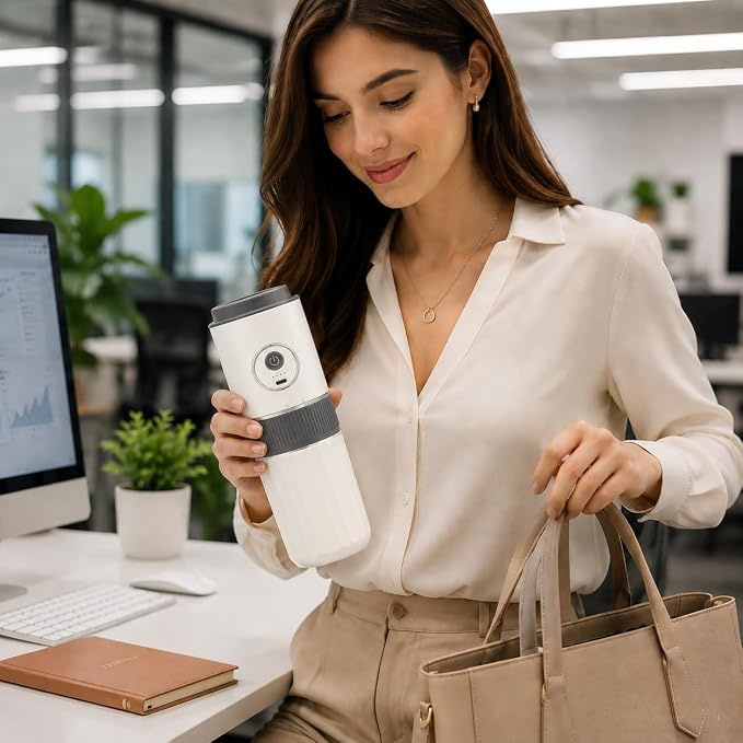 Portable Electric Coffee Grinder and Brewing Kit, White | Rechargeable, Conical Burr Mini Grinder, 32g Capacity, Includes Filter & Coffee Cup