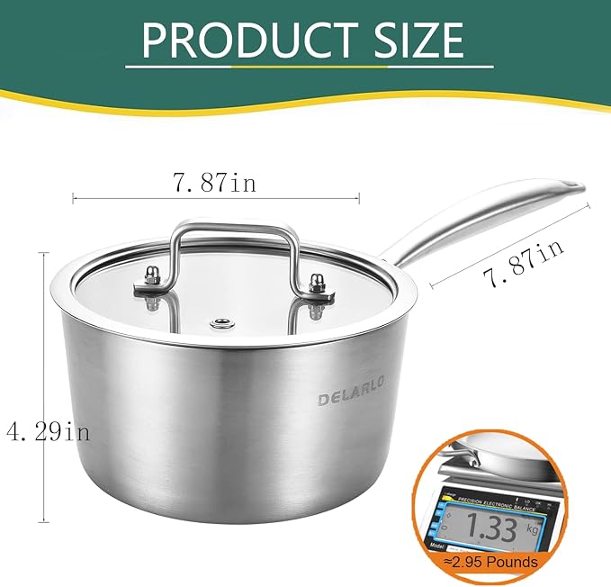 DELARLO Full-body Clad Tri-Ply Stainless Steel 3 Quart Saucepan with Lid | Stainless Steel Pot Induction Cooking Sauce Pot Pan, Fast and Even Heat, Heavy Duty Saucier Cookware, PFOA&PTFE Free