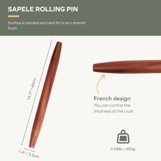 muso wood Sapele French Rolling Pin for Baking | Tapered Design, 15.75 inch, Ideal for Fondant, Pie Crust, Cookies & Pastry Making