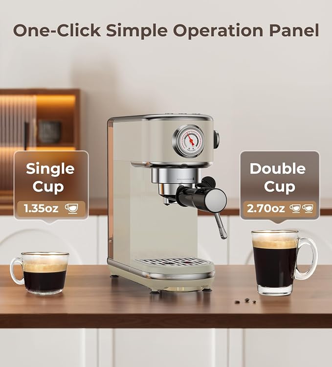 atatix 20 Bar Espresso Machine with Milk Frother, Compact Espresso Maker | Stainless Steel Coffee Machine with Precise Temp Control & 44oz Removable Water Tank for Latte, Cappuccino, Light Grey
