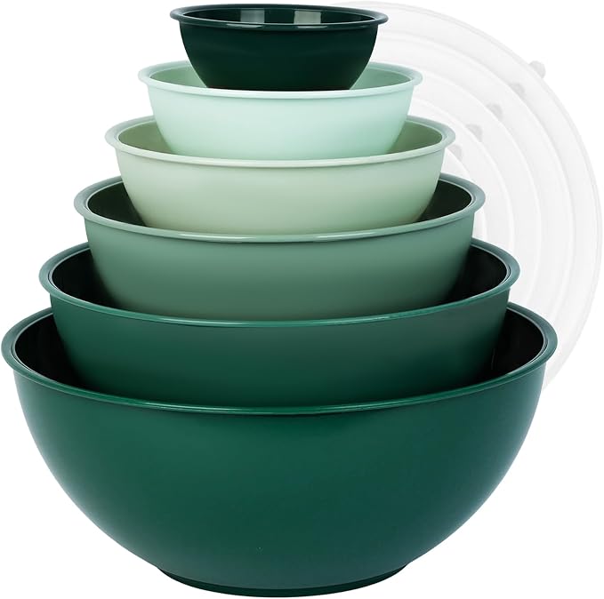 BoxedHome BPA Free Plastic Round Mixing Bowl with Lids, 12 Pack Nesting Bowls with Lids Set, Microwave and Dishwasher Safe Prep & Serving Bowls Great for Mixing, Baking, Serving (Green, 12pcs)