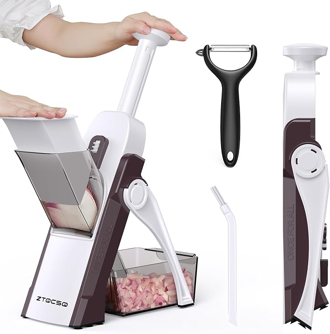 5 in 1 Adjustable Safe Mandoline Slicer for Kitchen with Paring Knife | Safe Mandoline Slicer for Kitchen, Easy to Clean/Storage, Potato Slicing, Strips, Shredding, Dicing, Chop, Cleaning brush