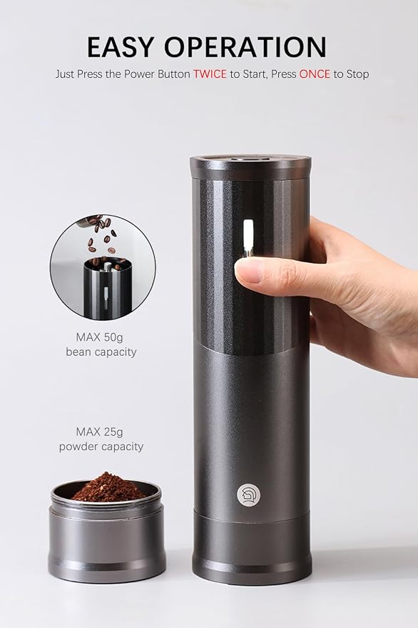 Electric Coffee Grinders, Portable Burr Grinder Capacity 50g w/Magnetic Cover,External Adjustable Setting, Aluminum Alloy Body, 800mAh Battery(Stand not Included) (Silver)