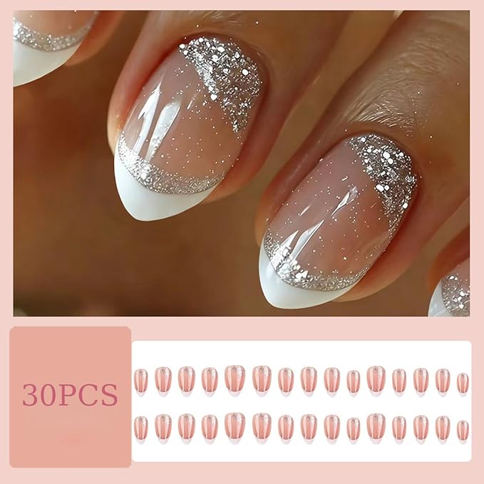 White French Tip Press On Nails Short Almond Fake Nails Silver Glitter Acrylic Nail Tips Reusable Full Cover Glue on Nails White Ombre False Nails Shiny French Manicure for Women Girls 30Pcs