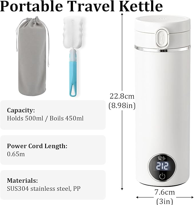Portable Electric Travel Kettle, 500ml Portable Kettle with USB-C, Mini Travel Hot Water Boiler with Carry Handle & 6 Adjustable Temperature Settings, Dual Power Modes for Home Car Camping