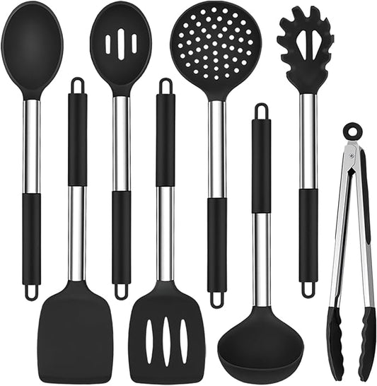 TeamFar Kitchen Utensils Set of 8, Silicone Utensils Kitchen Tools Set | with Stainless Steel Handle, for Frying Serving Flipping Draining, Non-toxic & Heatproof, Nonstick & Dishwasher Safe - Black