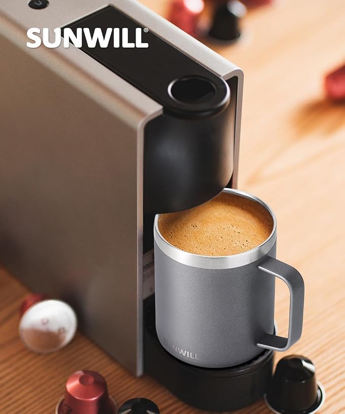 SUNWILL Travel Coffee Mug with Lid, Insulated Tumbler with Handle, 14 oz Stainless Steel Cup for Ice, Water, Tea, Cool Grey
