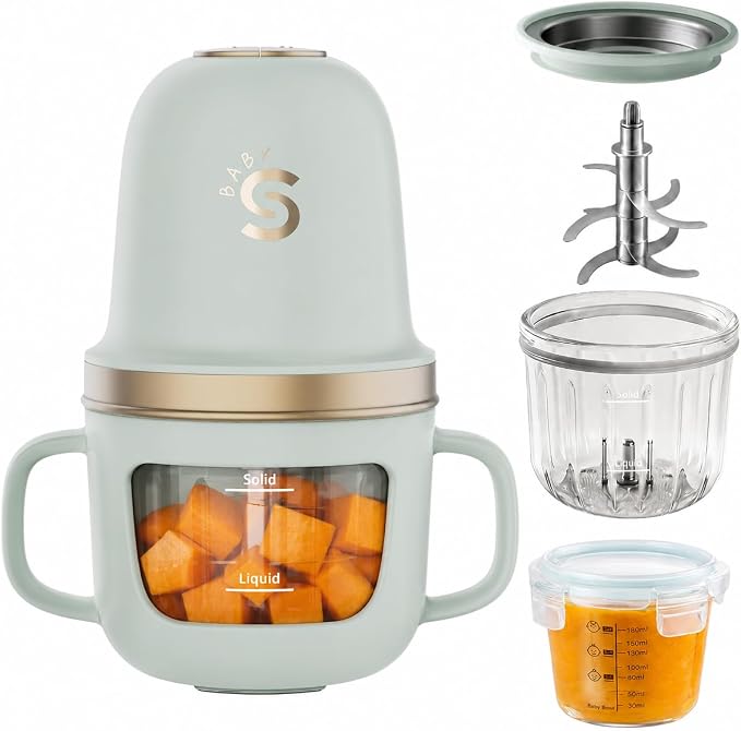 SosekiBaby Solo Baby Food Maker Glass Puree Blender & Mini Food Processor | 316L Stainless Steel Blades, 2-Speed Control | BPA-Free 10oz Homemade Baby Food Grinder for Fruit, Vegetable & Meat, Green