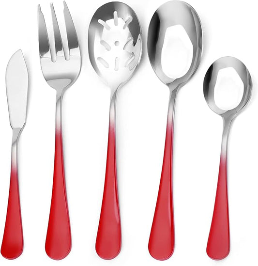 Bysta Serving Utensils Set, Gradient Red 5-Piece Hostess Set, Stainless Steel Silverware Flatware Cutlery Serving Set, Mirror Finish, Dishwasher Safe