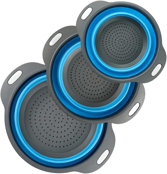 Collapsible Colander Set, 3 Pack Silicone Kitchen Strainer Set, Space Saving Design, Small Round Colander Baskets for Draining Pasta, Vegetable and fruit, (3Qt+4Qt+5Qt)