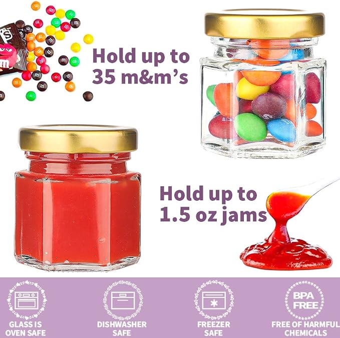 60 Pcs 1.5 Oz Mini Honey Jars with Airtight Lids,Hexagon Glass | Hexagon Glass Jars for Honey,Jam,Candle Making,Spice Storage,Wedding Favors,Party Decorations,Containers & DIY Projects