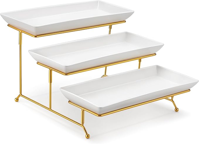 MALACASA 3 Tier Serving Trays for Party, 14 Inch Porcelain White Trays for Serving Food, Dessert Stand with Collapsible Gold Metal Rack | Tiered Serving Stand for Party, Fruit Tray, Trays for Serving Food, Dessert Stand with Collapsible Sturdier Gold M...