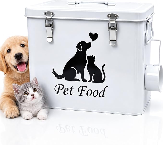 Vivifying Airtight Metal Dog Food Storage Container with Scoop, 13 lb | Sealing Ring and Double Locks Keep Dog Treats, Cat Treats, Cookies and Dry Pet Food Fresh, Secure and Organized, White