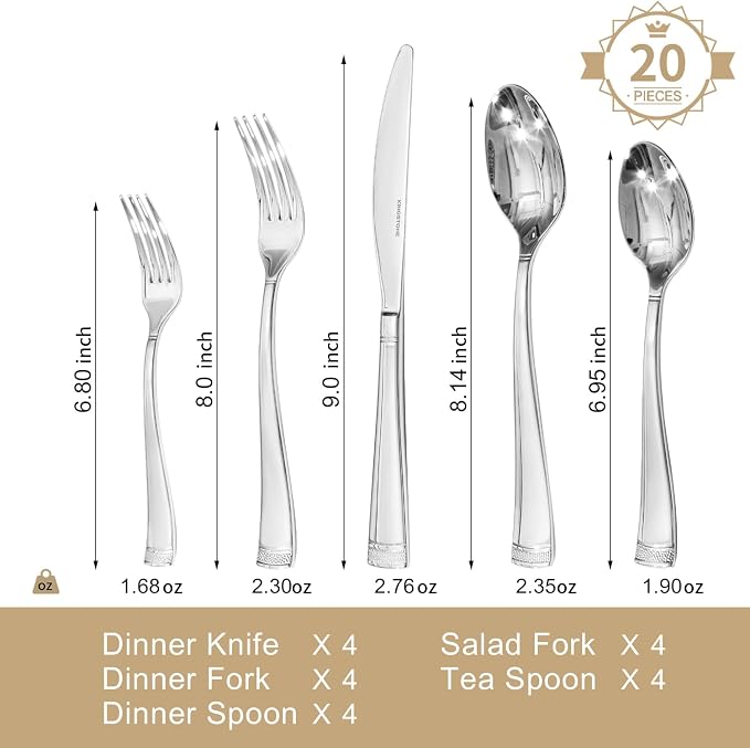 20-Piece Flatware Set, 18/10 Stainless Steel Silverware Set for 4 | Bead Edge Design, Mirror Polished Finish, Dishwasher Safe, Elegant Table Setting, Ideal for Daily Meals & Entertaining