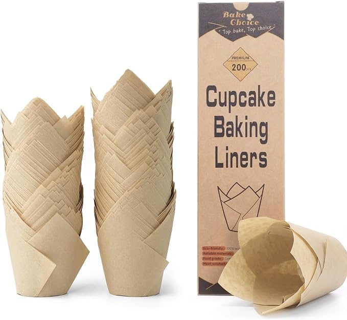 Bake Choice 200pcs Natural Tulip Cupcake Liners for Baking, EU 75GSM Paper | Standard, Unbleached European Parchment paper, Tulip Muffin Liners, Nordic 75GSM Paper, Cupcake Wrapper for Party