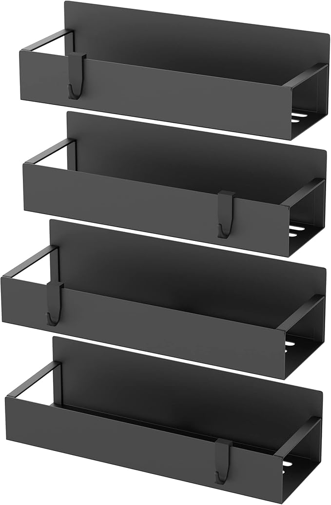 Metal Magnetic Spice Rack for Refrigerator with Hooks Matt Black | Magnetic Shelves Heavy Duty for Fridge in Kitchen, Seasoning Storage Organizer, For Oven Washer and Dryer, For Heavier Items