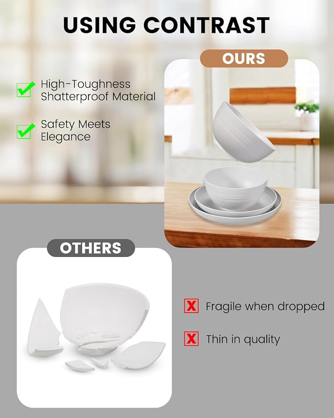 24 Pcs Wheat Straw Dinnerware Set- Picnic & Camping- Unbreakable & Reusable- Includes 4x 9in Plates, 4x 8in Plates, 4x 6in Bowls, 4 Cups, 4 Stainless Steel Forks and Spoons- Kitchen, Dorm, Office