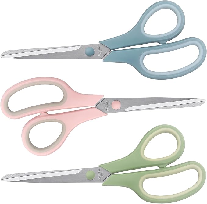 LONGKEY 8.5" Pastel Scissors 3-Pack, Ultra Sharp Stainless Steel | All Purpose Scissors for Office Home School, Soft Comfort-Grip Right/Left Hand