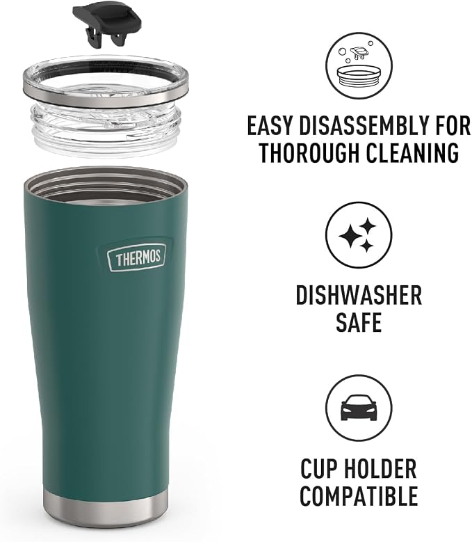 THERMOS Icon Series 24oz Stainless Steel Tumbler with Slide Lock Lid, Leakproof, Fits Cupholder, Dishwasher Safe, Griptec™ Non‑Slip Base, Keeps Drinks Hot 6 Hrs/Cold 22 Hrs, Spruce