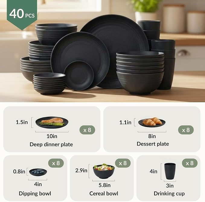 Plates and Bowls Sets, 40-Piece Modern Wheat Straw Dinnerware Sets for 8 Unbreakable Kitchen Dinner Set Microwave and Dishwasher Safe Dishes Set for Apartment, Party, Outdoor, RV (Black)