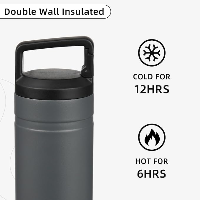 BJPKPK 20 oz Insulated Travel Water Bottle, Coffee Tumbler Stainless Steel | Double Wall Vacuum, Leakproof, Thermal, Keeps Hot/Cold, BPA Free, Dishwasher Safe, Spill Proof, Wide Mouth, 2 Lids, Grey