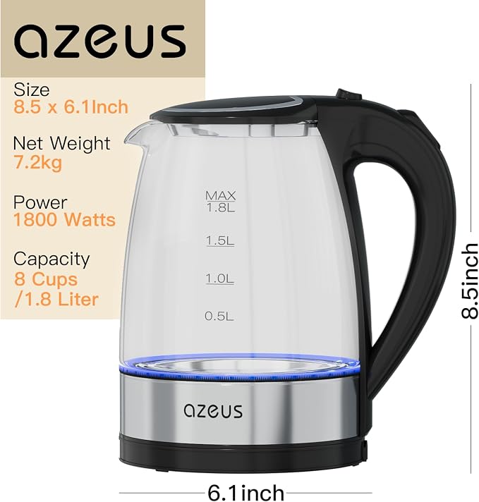 AZEUS Electric Kettle 1500W Tea Kettle, 1.8L Large Capacity with Auto Shut-Off and Boil-Dry Protection, BPA-Free