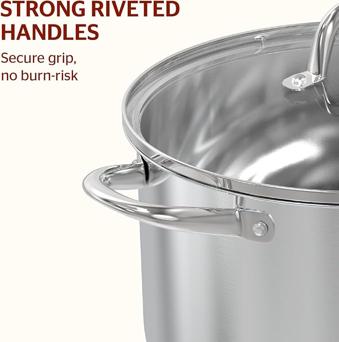 Sunhouse Stock Pot with Lid - 7 QT Large Pot for Cooking Pasta, Soup, Ollas | Impact-bonded Base Big Stainless Steel Pots for Canning, Boiling, Spaghetti - Oven Safe & Induction Compatible