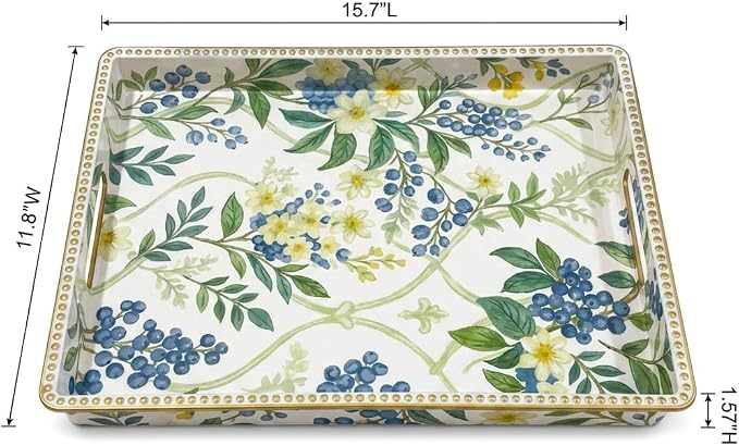 Decorative Serving Tray, Vintage Blue Berry Plastic Tray with Handles & Gold Rim, Multipurpose Storage Tray for Coffee Table, Bathroom, Kitchen & Entryway Home Decor. 15.7" x 11.8" x 1.57"