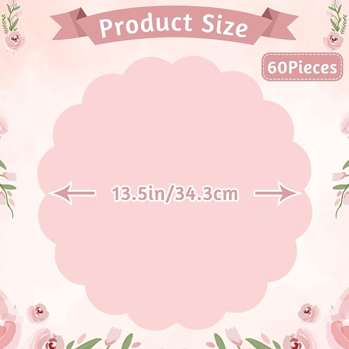 60 Pcs Light Pink Paper Placemats, 13.5 Inch Disposable Scalloped Placemat | Round Table Place Mats Decorative Paper for Girls Birthday Wedding Bridal Shower Baby Shower Banquet Tea Party