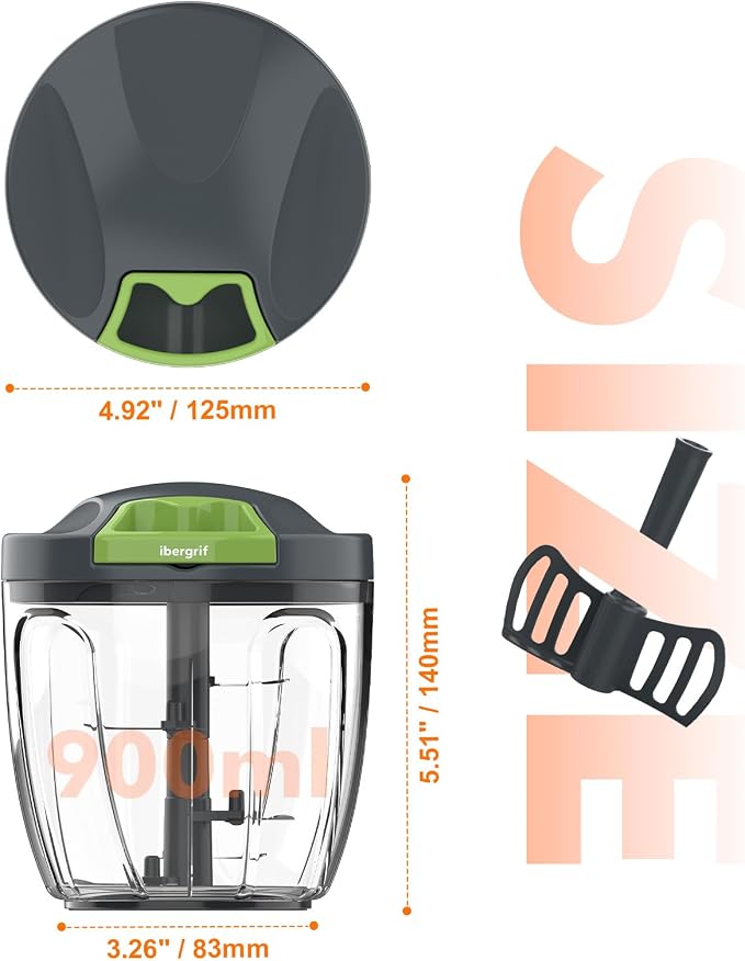 Ibergrif Manual Food Processor Vegetable Chopper, Portable Onion Chopper Garlic Mincer with Hand Pull String Cutter for for Veggies, Ginger, Egg, Fruits, Nuts, Herbs, 900ml, for Kitchen, Camping, RV