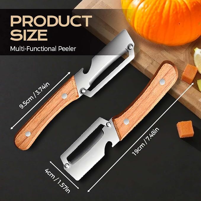 Multi-Functional Vegetable Peeler for Kitchen, 2026 New Stainless Steel Peeler with Wooden Handle and Bottle Opener, Kitchen Tool for Fruit Veggie Pumpkin, Gifts for Mom (2PCS)