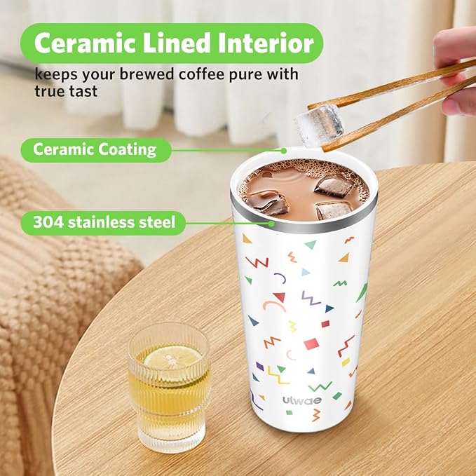 Insulated Coffee Mug with Ceramic Coating, 18oz Travel Mug with Leak-proof Lid, Vacuum Double-wall Tumbler, Stainless Steel Thermal Cup for Tea, Hot Cocoa, Cold Beverage, Ice Drinks