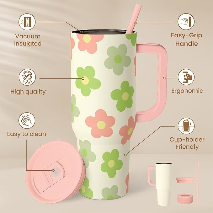 SANDJEST Daisy Tumbler with Handle 40oz, Floral Cup Stainless Steel Insulated Tumblers Coffee Travel Mug with Straw, Flower Cups Gifts for Women Girls Teens Birthday Christmas