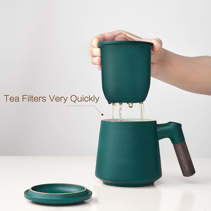 ZENS Tea Mug with Infuser and Lid for Loose Tea Diffusers, 12oz Navy | Embossed Ceramic Tea Cup with Infuser for Herbal Tea Difussers, Tea Lovers Gifts, Vintage Wood Handle