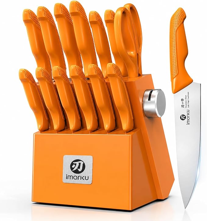 imarku 14-piece Japanese knife set, sharp, non-slip, gift box, yellow | High-carbon stainless steel, built-in sharpener, space-saving design, ideal for everyday cooking and as a gift