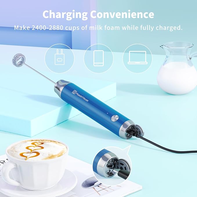 Maestri House LunaFro Rechargeable Milk Frother,Stand & 2 Detachable Whisks | 8000RPM Turbo Motor, 1200mAh lithium battery, Handheld Milk Frother for Lattes, Cappuccino, Matcha & Powdered Supplements